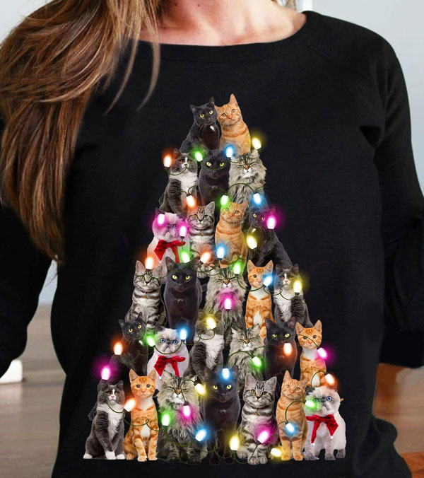 cat xmas tree light cat shirt