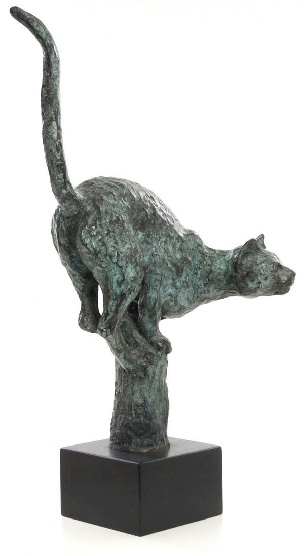 bronze crouching cat sculpture