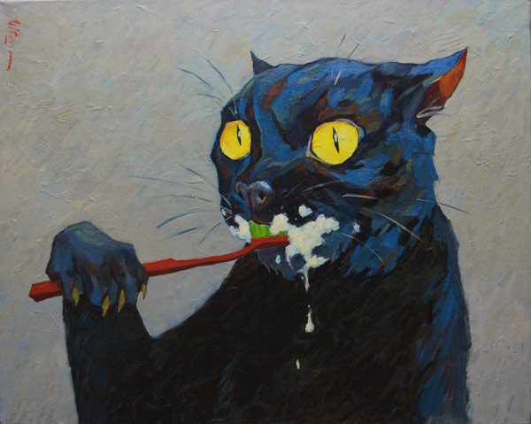cat brushing teeth painting