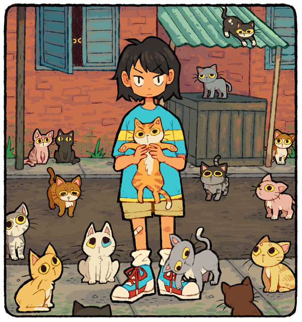 artwork of street urchin surrounded by cats