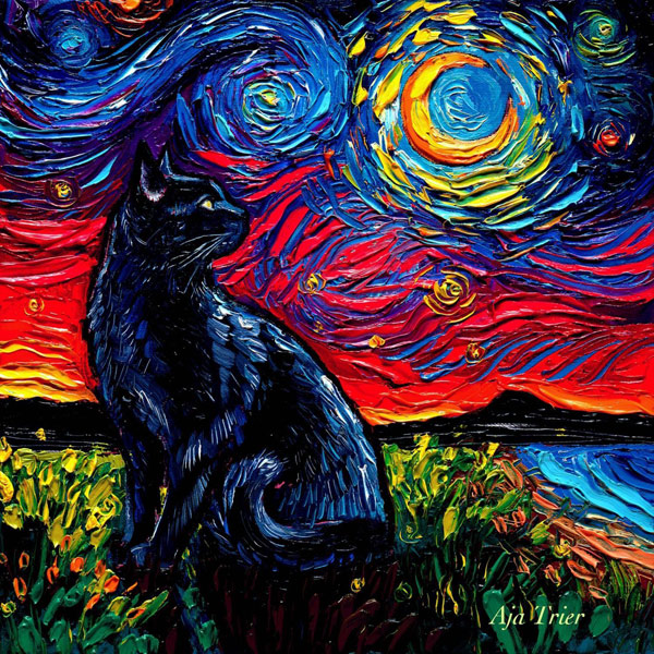 starry night cat painting