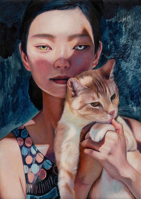woman with her cat painting