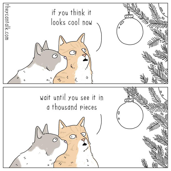 cats destroy tree ornaments comic