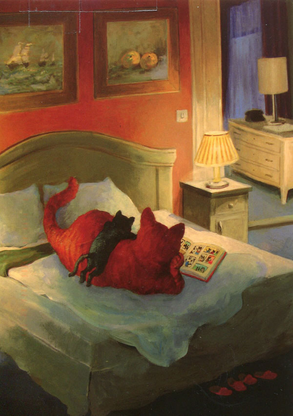 two cats on bed reading book art