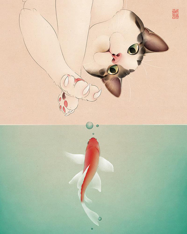 cat and goldfish art