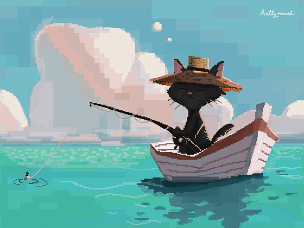 pixel cat art fishing
