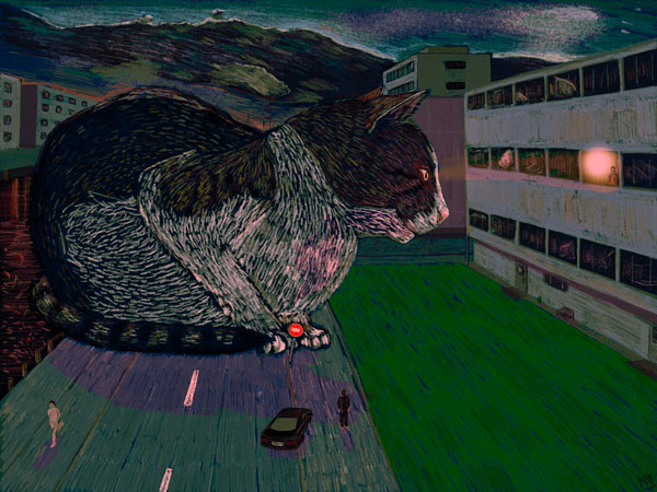 giant cat on road art