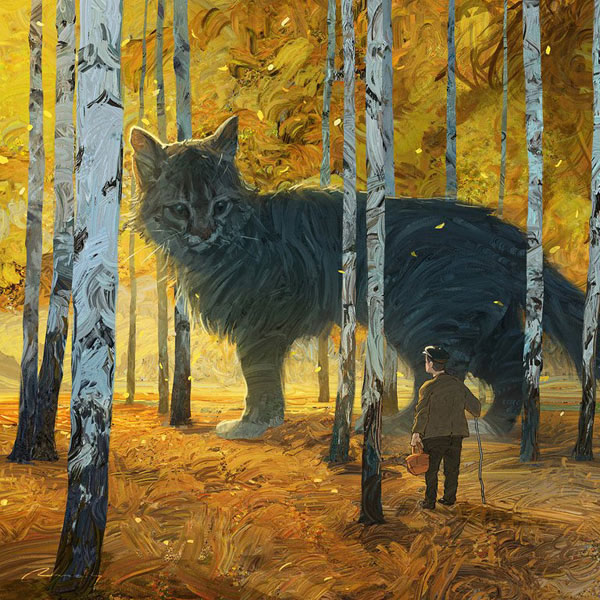 painting of giant cat in the woods