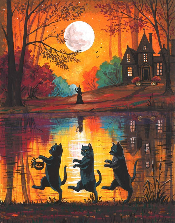 three black cats  halloween art