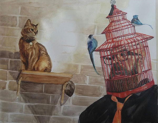 man in a birdcage with cat art
