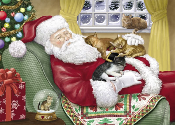 santa with kittens art