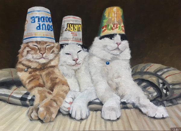 three cats with cups on their heads