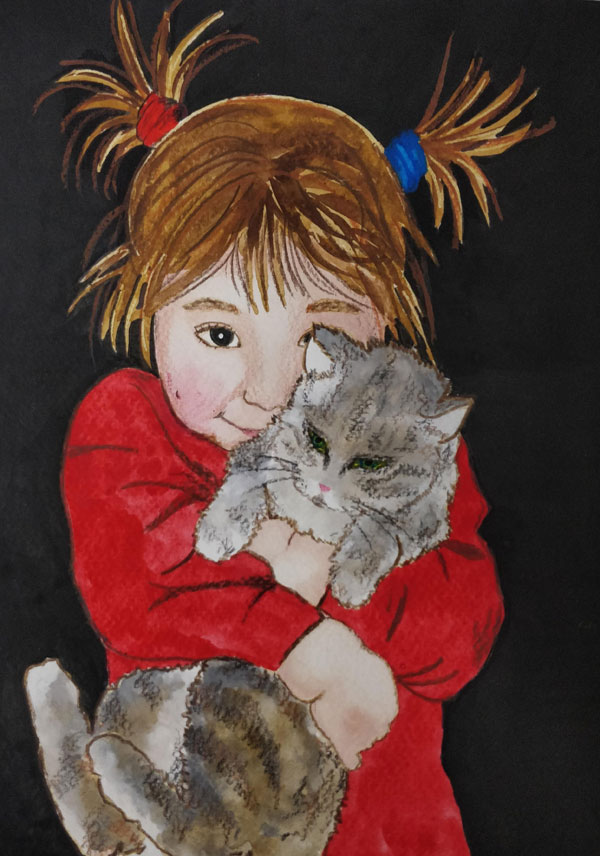 young girl and her cat art