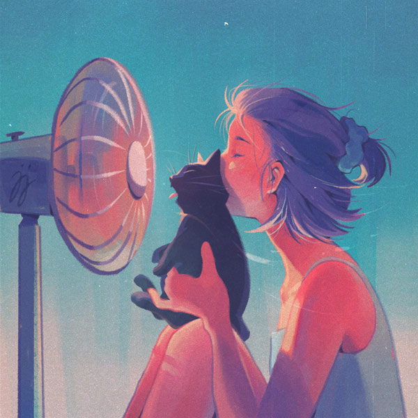 cat and girl in front of fan art