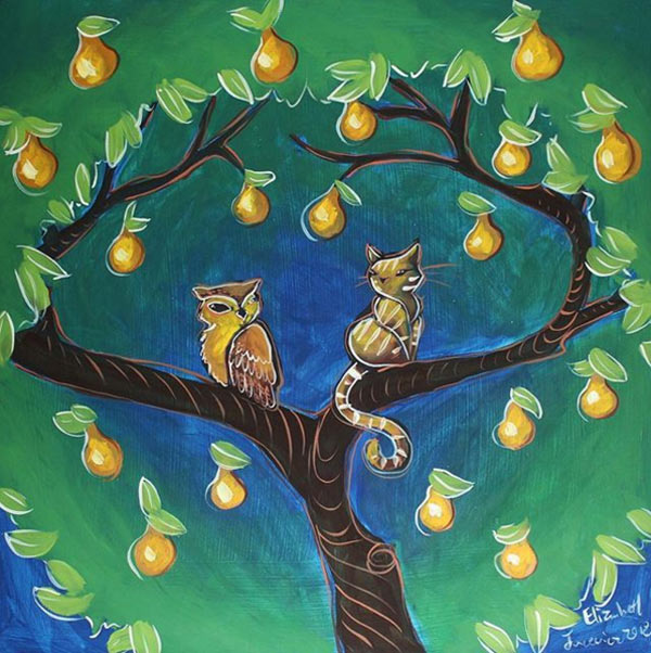 cat owl pear tree art
