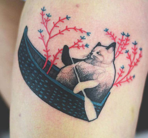 cat tattoo rowboat art
