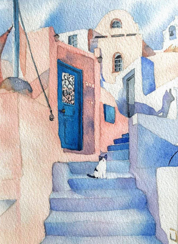 watercolor cat on stairs art