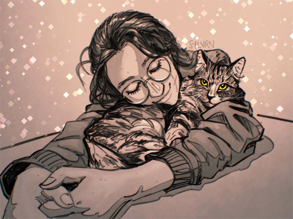 woman and cat drawing art