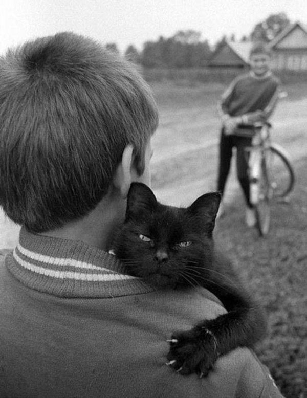 boy and black cat