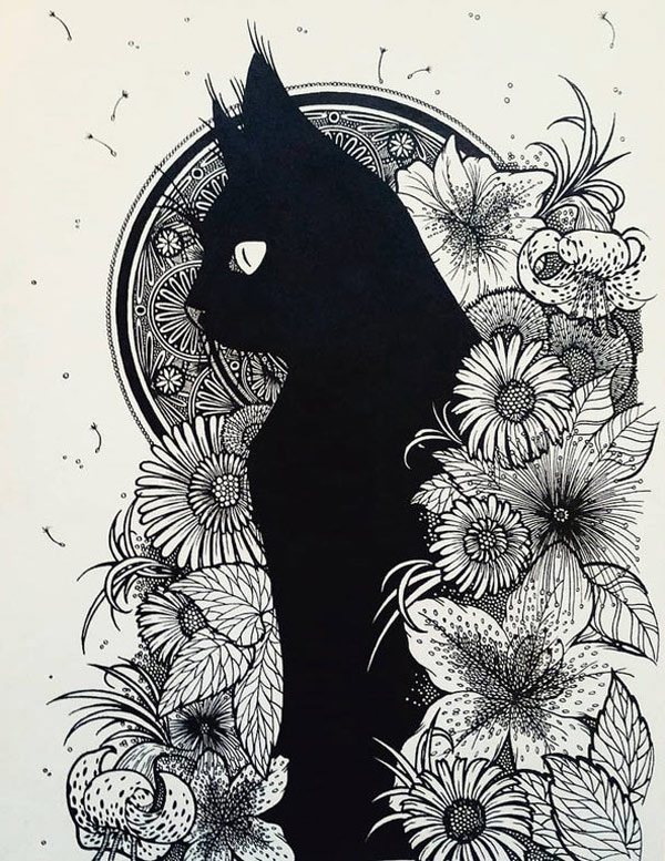 pen and ink cat with flowers