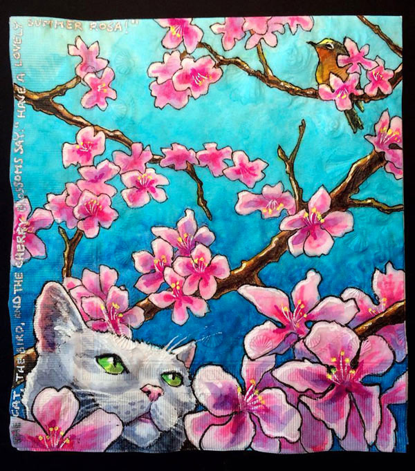 cat cherry blossoms bird art