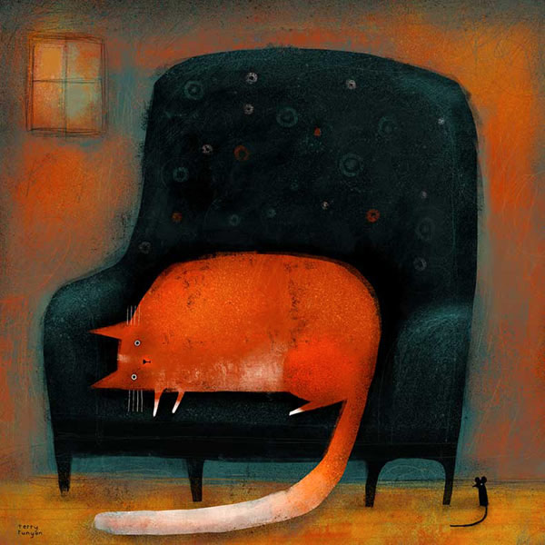 red cat black chair art
