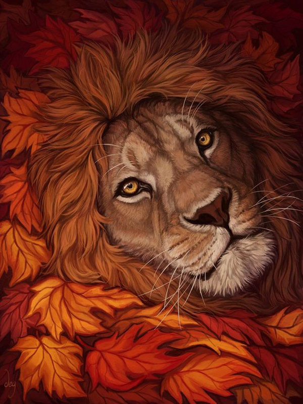 autumn leaves lion cat