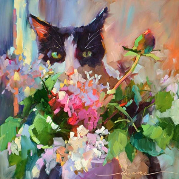 cat and flowers art