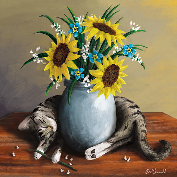 cat and sunflowers art