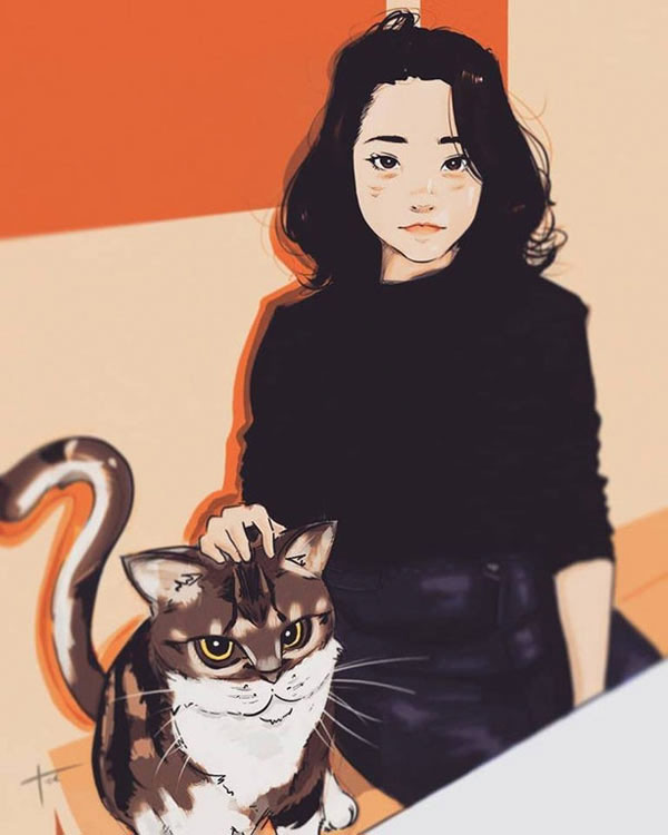 girl and her cat art