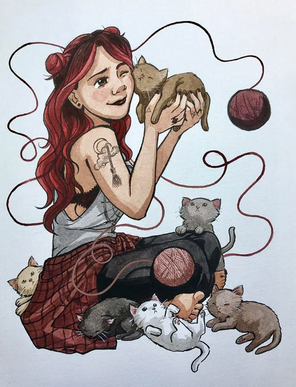 girl and kittens art