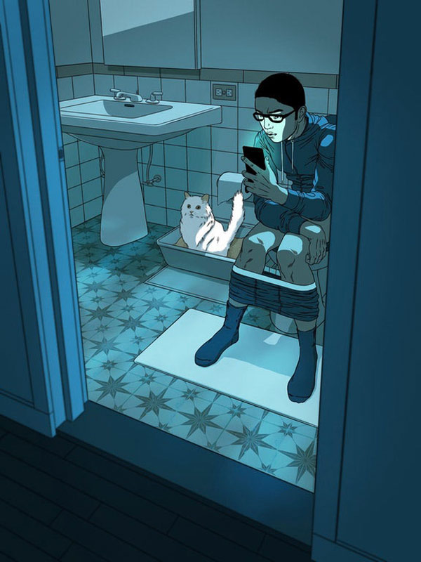 girl in bathroom with cat art