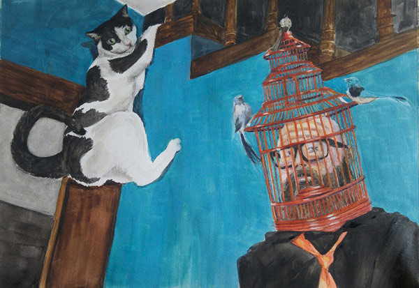surreal cat birdcage art