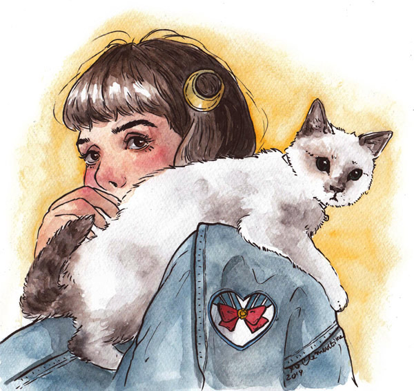 white cat and girl art