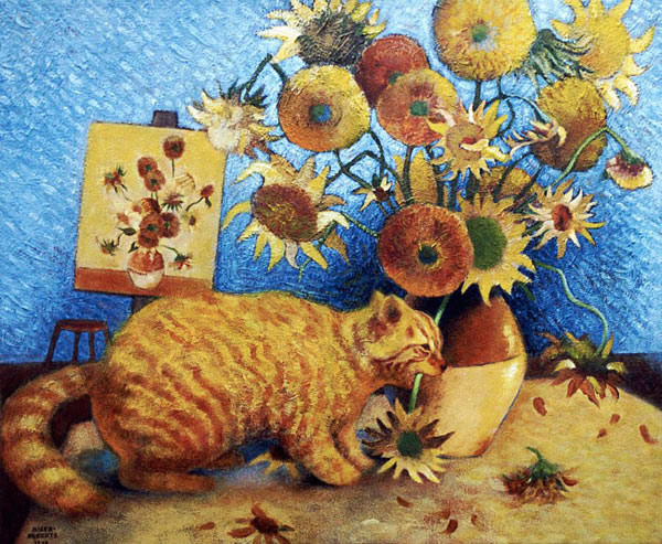 cat and sunflowers