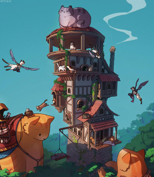 cat fantasy building art