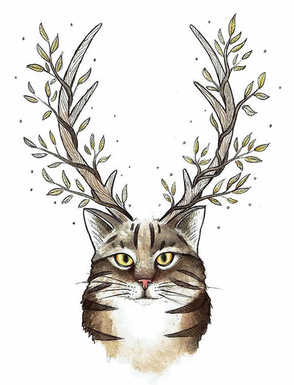 deer cat with antlers art