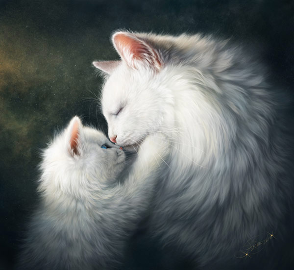 white cat and kitten art