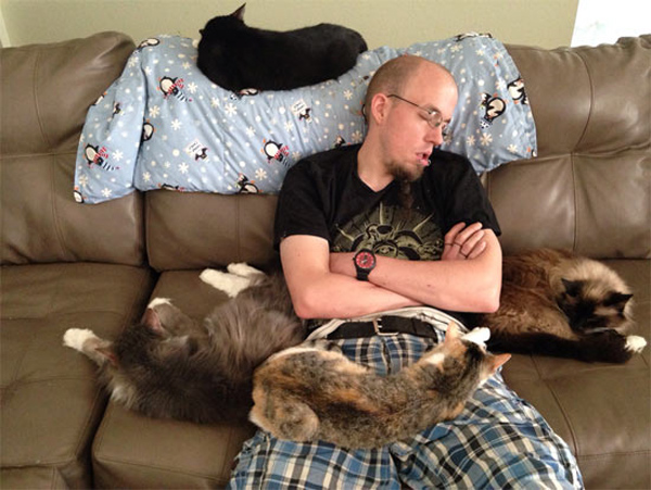 man sleeping with four cats